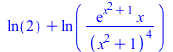 `+`(ln(2), ln(`/`(`*`(exp(`+`(`*`(`^`(x, 2)), 1)), `*`(x)), `*`(`^`(`+`(`*`(`^`(x, 2)), 1), 4)))))